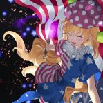  1girl american_flag_dress american_flag_legwear blonde_hair blush closed_eyes clownpiece dress hat highres holding holding_torch jester_cap kaigen_1025 long_hair open_mouth pants pantyhose pink_headwear polka_dot polka_dot_headwear short_sleeves smile solo star_(symbol) star_print striped striped_dress striped_pants torch touhou 