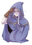  1boy adjusting_hood artist_name blue_cloak blue_hair blue_hood brown_gloves chrono_trigger cloak closed_mouth colored_skin dated furrowed_brow gloves gold_trim grey_skin highres hood hooded_cloak long_hair magus_(chrono_trigger) male_focus parted_bangs red_eyes shikiwo solo upper_body white_background 