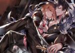  1boy 1girl belial_(granblue_fantasy) black_hair black_pants black_shirt black_thighhighs blonde_hair bow breasts brown_eyes cleavage couple crossed_legs djeeta_(granblue_fantasy) dress feather_boa gloves granblue_fantasy head_tilt hetero holding holding_sword holding_weapon looking_at_viewer medium_breasts messy_hair pants parted_bangs parted_lips pink_dress red_bow red_eyes shirt short_dress short_hair sitting sitting_on_lap sitting_on_person smile soraneko_hino sword thighhighs weapon 