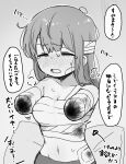  1girl amputee armless_amputee bandages blood blood_on_bandages blush breasts cleavage closed_eyes double_amputee dovepopon greyscale highres injury medium_breasts monochrome navel open_mouth original pillow ryona sitting solo translation_request 