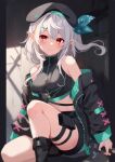  1girl blush elf grey_hair hair_ornament jacket kujou_ichiso nijisanji nijisanji_en pointy_ears pomu_rainpuff pomu_rainpuff_(3rd_costume) red_eyes solo virtual_youtuber white_hair x_hair_ornament 