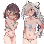  2girls absurdres asashimo_(kancolle) blush bow bra breasts brown_hair chest_sarashi condom condom_packet_strip condom_wrapper covering_breasts covering_privates glasses green_bow green_eyes green_panties grey_hair hair_between_eyes hair_ornament hair_over_one_eye hairclip hand_on_own_hip highres kantai_collection long_hair looking_at_viewer multicolored_hair multiple_girls nose_blush okinami_(kancolle) open_mouth panties parted_lips ponytail sarashi sharp_teeth shiawase_hougan short_hair simple_background small_breasts sweat tears teeth underwear underwear_only very_long_hair white_background 