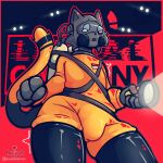 1:1 2023 absurd_res anthro biped clothed clothing digital_media_(artwork) gas_mask hazmat_suit hi_res latex lethal_company male mask nagifur orange_clothing scary simple_background solo text tight_clothing topwear