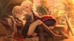  2girls ass asymmetrical_legwear bike_shorts blonde_hair braid breasts detached_sleeves feet french_braid girls&#039;_frontline girls&#039;_frontline_2:_exilium gun hair_ribbon haneru highres kneehighs long_hair looking_at_viewer medium_hair multiple_girls open_mouth orange_eyes ots-14_(girls&#039;_frontline) pleated_skirt pump_action red_eyes red_ribbon red_skirt ribbon shotgun shotgun_shell sitting skirt smile socks spas-12 spas-12_(girls&#039;_frontline) thighhighs weapon white_hair window 