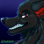  2018 acidhybrid anthro black_fur black_nose blue_background canine digital_media_(artwork) eyebrows fur grin headshot_portrait looking_at_viewer low_res male mammal portrait red_eyebrows red_eyes side_view simple_background smile solo teeth wolf 