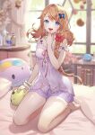  1girl :d ankle_strap atelier_(series) atelier_resleriana bare_arms bare_legs bare_shoulders bed bedroom blonde_hair blue_eyes blurry blurry_background blush bow braid chemise comiket_103 dress finger_to_mouth frilled_dress frills hair_between_eyes hair_ornament hairclip indoors jewelry medium_hair no_headwear on_bed promotional_art purple_dress purple_skirt red_bow resna_sternenricht scrunchie seiza single_braid sitting skirt sleeveless smile solo strap_slip stuffed_animal stuffed_toy umiu_geso wrist_scrunchie 