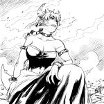  armband bare_shoulders bowsette bracelet breasts breath cleavage collar crown fingernails from_side greyscale horns jewelry large_breasts lizard_tail long_hair mario_(series) monochrome new_super_mario_bros._u_deluxe ponytail sharp_fingernails sharp_teeth skirt smoke solo studded_bracelet studded_collar super_crown tail teeth tsukudani_(coke-buta) 