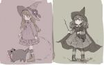  bird black_hair blush boots bow brown_hair cat cloak closed_mouth commentary_request dress fairyapple full_body grey_eyes hat long_hair long_sleeves multiple_girls original russian_commentary simple_background sketch smile witch_hat 