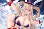 1girl animal_ears azur_lane blonde_hair blue_eyes blue_leotard blue_thighhighs breasts cleavage facial_mark fake_animal_ears fang frilled_leotard frills guam_(azur_lane) guam_(stage-setting_charmer)_(azur_lane) hanging_breasts hat heart heart_facial_mark heart_sticker holding holding_microphone_stand large_breasts leotard microphone_stand mrnn official_alternate_costume outstretched_arm playboy_bunny skin_fang smile star-shaped_pupils star_(symbol) symbol-shaped_pupils thighhighs top_hat twintails undersized_breast_cup 
