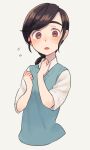  1girl black_hair blue_sweater_vest blush brown_eyes collared_shirt cropped_torso flying_sweatdrops grey_background itsushima_chisato looking_at_viewer open_mouth ponytail shifumame shirt short_sleeves simple_background solo sweater_vest twilight_syndrome white_shirt 