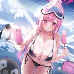  1girl absurdres bikini bird black_bikini blue_archive blush breasts cleavage eimi_(blue_archive) eimi_(swimsuit)_(blue_archive) glacier goggles goggles_on_head groin halo highres huge_breasts incoming_food jacket looking_at_viewer naseul_777 navel official_alternate_costume outdoors penguin pink_eyes pink_hair ponytail scarf side-tie_bikini_bottom ski_goggles smile solo sparkle stomach string_bikini swimsuit thigh_gap unworn_jacket unworn_scarf 