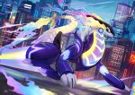  absurdres artist_name black_sclera blue_eyes building city cityscape claws colored_sclera dated day dragon dragon_tail flying highres miraidon no_humans outdoors plive pokemon pokemon_(creature) sky skyscraper solo tail watermark 