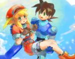  1girl blonde_hair breasts brown_hair cabbie_hat commentary_request dinef gloves green_eyes hat jacket long_hair open_mouth red_jacket rock_volnutt rockman rockman_dash roll_caskett smile 