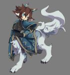  1boy animal_ear_fluff animal_ears belt black_gloves blue_capelet blue_eyes blue_pupils brown_hair capelet centauroid claws coat collared_capelet full_body gloves grey_background grey_fur hair_between_eyes hand_on_own_hip hand_up high_collar highres inumimi-syndrome looking_to_the_side male_focus monster_boy open_mouth pixiv_fantasia pixiv_fantasia_last_saga ringed_eyes short_eyebrows short_hair simple_background solo tail taur walking wolf_boy wolf_ears wolf_tail 