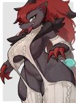 absurd_res anthro big_breasts blue_eyes breasts canid claws clothing featureless_crotch female front_view fur generation_5_pokemon grey_body grey_fur hair hi_res legwear long_hair looking_at_viewer mammal meme meme_clothing nintendo pokemon pokemon_(species) pupils red_claws red_hair sixpixpen slit_pupils smile solo standing sweater thick_thighs thigh_highs tongue tongue_out topwear virgin_killer_sweater zoroark