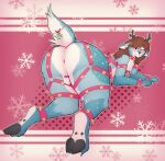 2023 all_fours anthro antlers anus backsack balls bell bell_collar big_butt blue_body blue_fur blush brown_hair butt chastity_device collar cuffs_(clothing) deer digital_media_(artwork) fur genitals girly hair harness hi_res hooves horn looking_at_viewer looking_back male mammal mistletoe mistletoe_on_tail nonbinary_(lore) nude plant presenting presenting_hindquarters raised_tail rhewlif rhewlif_(character) simple_background smile solo tail thick_thighs wide_hips
