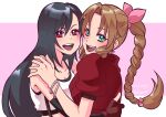  2girls aerith_gainsborough artist_name bare_shoulders black_bra black_gloves black_hair blush bra bracelet braid braided_ponytail breasts brown_hair cleavage crop_top dated elbow_gloves final_fantasy final_fantasy_vii final_fantasy_vii_remake fingerless_gloves gloves green_eyes hair_between_eyes hair_ribbon hand_on_another&#039;s_back hand_on_another&#039;s_shoulder highres hug jacket jewelry letterboxed long_hair multiple_girls open_mouth parted_bangs pink_background pink_ribbon puffy_short_sleeves puffy_sleeves red_eyes red_jacket ribbon shikiwo shirt short_sleeves sidelocks single_braid sleeveless sleeveless_shirt smile sports_bra straight_hair suspenders teeth tifa_lockhart underwear upper_body upper_teeth_only wavy_hair white_shirt 