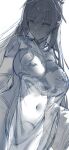  1girl absurdres breasts closed_mouth commentary covered_navel dragon_girl dress english_commentary granblue_fantasy greyscale haira_(granblue_fantasy) hews highres large_breasts mole mole_under_mouth monochrome pointy_ears simple_background sketch smile solo tagme unfinished white_background 