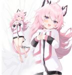  1girl :d animal_ear_fluff animal_ears bare_legs barefoot blue_eyes cat_ears cat_girl cat_tail fang full_body highres horns jacket long_hair long_sleeves looking_at_viewer lying no_pants on_back open_mouth original pink_hair smile tail wangmon white_jacket 