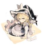  1girl apron barefoot bell blonde_hair blush bow braid frilled_hat frills grin hair_bell hair_ornament hand_on_headwear hat hat_bow kirisame_marisa long_hair looking_at_viewer orange_eyes short_sleeves side_braid simple_background smile solo touhou white_apron white_bow witch_hat yasushi 