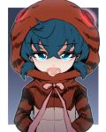  bangs blue_eyes blue_hair brown_jacket commentary eyebrows_visible_through_hair fangs frown grey_background hands_in_pockets hood hood_up hoodie jacket kemono_friends looking_at_viewer mityubi neck_ribbon open_mouth outside_border pink_neckwear ribbon short_hair solo standing striped_hoodie striped_jacket tsuchinoko_(kemono_friends) upper_body 