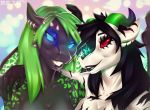  2018 alice_(blueclaws) anthro biped black_hair black_lips black_markings black_scales black_sclera blue_eyes dragon duo ear_piercing eyelashes female fingers green_hair green_horn green_spots hair headshot_portrait heterochromia hi_res horn long_hair looking_at_viewer markings mina_(blueclaws) piercing portrait radiant_scar red_eyes red_sclera reptile scales scalie sibling sisters slit_pupils smile spots spotted_scales teeth white_scales 