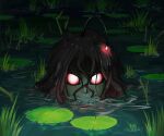  1girl bioluminescence brown_hair colored_skin glowing green_skin highres lily_pad monster_girl mouth_submerged night original outdoors pond red_eyes solo water zomboyaku 