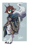  1boy animal_ear_fluff animal_ears belt black_gloves blue_background blue_capelet blue_eyes brown_belt brown_hair capelet centauroid claws closed_mouth coat collared_capelet full_body gloves grey_fur hair_between_eyes high_collar highres horns inumimi-syndrome long_sleeves looking_to_the_side male_focus monster_boy pixiv_fantasia pixiv_fantasia_last_saga short_eyebrows short_hair signature simple_background smile solo tail taur walking wolf_boy wolf_ears wolf_tail 