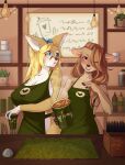 2023 absurd_res accessory anthro apron apron_only bell big_breasts biped blonde_hair blue_bow blue_eyes bow_ribbon breasts brown_eyes brown_hair canid canine clothing coffee_cup coffee_shop container cup deer del.e.ted_(character) duo female fox green_apron hair hair_accessory hair_bow hair_ribbon hi_res holding_coffee_cup holding_container holding_cup holding_object huge_breasts inside lannykim21 light_bulb looking_at_viewer mammal one_eye_closed open_mouth open_smile ribbons small_breasts smile smiling_at_viewer standing steam tvmob wink winking_at_viewer
