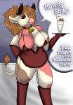 anthro bell belly beverage bovid bovine breasts cattle clothing cream(skellyroon) female hi_res horn lingerie mammal milkshake red_clothing simple_background skellyroon solo speech_bubble