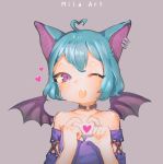 &lt;3 5_fingers animal_humanoid bat_humanoid batto_(kazykki) black_wings blue_hair choker clothing ear_piercing eyelashes female grey_background hair humanoid membranous_wings milaart one_eye_closed open_mouth open_smile pale_skin piercing purple_eyes shirt short_hair simple_background small_wings smile solo teenager teeth wings wink young 