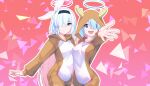  2girls animal_costume animal_hood antlers arona_(blue_archive) black_eyes black_hairband blue_archive blue_eyes blue_hair blush breasts christmas collarbone colored_inner_hair euu_(euuki) fake_antlers hair_over_one_eye hairband halo highres hood long_hair looking_at_viewer multicolored_hair multiple_girls open_mouth pink_hair plana_(blue_archive) red_halo red_pupils reindeer_costume reindeer_hood short_hair white_hair 