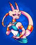 4:5 anthro bigmoon206 clothing eyelashes female gold_(metal) gold_jewelry harem_outfit hi_res horn jewelry kobold looking_at_viewer pink_body smile solo