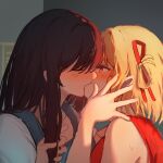  2girls black_hair blonde_hair blush closed_eyes commentary couple hair_ribbon heart heart-shaped_pupils inoue_takina kiss long_hair looking_at_another lycoris_recoil milktea_(gggrrr2000) multiple_girls nishikigi_chisato one_side_up red_ribbon ribbon short_hair sidelocks sleeveless sweatdrop symbol-shaped_pupils upper_body yuri 