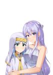  2girls absurdres artist_request bare_shoulders blue_hair blush braid closed_mouth collarbone crescent crescent_hair_ornament crossover dress elise_(narrator-1) french_braid green_eyes grey_dress habit hair_ornament highres hug index_(toaru_majutsu_no_index) long_hair multiple_girls nun original purple_eyes purple_hair safety_pin second-party_source simple_background smile toaru_majutsu_no_index white_background 