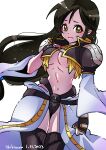  1girl armor artist_name black_hair black_thighhighs breasts brown_eyes cosplay cowboy_shot dated final_fantasy final_fantasy_ix garnet_til_alexandros_xvii gloves half_gloves hand_on_own_chest highres kuja kuja_(cosplay) long_hair medium_breasts midriff navel shikiwo shoulder_armor solo thighhighs underboob white_background white_sleeves 