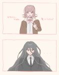  1boy 1girl black_hair black_jacket black_necktie brown_hair closed_mouth danganronpa_(series) danganronpa_3_(anime) formal frown highres hope&#039;s_peak_academy_school_uniform ichiji1_a jacket kamukura_izuru long_hair long_sleeves medium_hair nanami_chiaki neck_ribbon necktie open_clothes open_jacket red_eyes red_ribbon ribbon school_uniform translation_request upper_body 