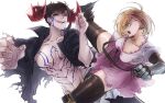  1boy 1girl :o abs angry arm_tattoo asatsuki_asagi belial_(granblue_fantasy) belt black_hair black_pants black_sclera black_shirt black_thighhighs blonde_hair bow breasts brown_eyes chest_tattoo collarbone colored_sclera djeeta_(granblue_fantasy) dress facial_mark frills gloves granblue_fantasy hairband highres horns kicking looking_at_another medium_breasts messy_hair mismatched_sclera muscular muscular_male open_clothes open_mouth open_shirt pants pink_bow pink_dress pink_hairband red_eyes red_horns roundhouse_kick shiny_clothes shiny_skin shirt short_dress short_hair simple_background spiked_horns tattoo thighhighs tongue tongue_out white_background wide-eyed zettai_ryouiki 