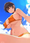  bangs bare_shoulders bikini blue_sky breasts brown_eyes brown_hair cleavage closed_mouth commentary_request day eyebrows_visible_through_hair frilled_bikini frills hair_between_eyes happa_(cloverppd) idolmaster idolmaster_cinderella_girls large_breasts lens_flare looking_at_viewer navel oikawa_shizuku orange_bikini short_hair signature sky solo sunlight swimsuit thighs underboob 