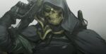  1boy armor black_cape black_gloves cape chest_armor death_stranding gloves gradient_background green_jacket gun hamms_hamss higgs_(death_stranding) holding holding_gun holding_weapon hood hood_up hooded_cape jacket looking_at_viewer male_focus mask simple_background skull_mask solo weapon 
