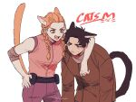  1boy 1girl animal_ears arm_around_neck belt_pouch black_hair braid brown_eyes brown_jacket cat_boy cat_ears cat_girl cat_tail commentary_request dead_by_daylight fang hair_behind_ear hand_on_own_hip hunched_over jacket jake_park kemonomimi_mode korean_commentary low_twin_braids meg_thomas orange_hair pink_vest pouch sweatdrop tail tongchock twin_braids twitter_username vest 