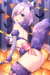  :d animal_ears ass back_bow bat bow breasts dangerous_beast elbow_gloves fate/grand_order fate_(series) fur_trim gloves halloween jack-o'-lantern lavender_hair looking_at_viewer mash_kyrielight masuishi_kinoto open_mouth paper_chain pennant pink_bow pumpkin purple_background purple_eyes purple_gloves purple_legwear revealing_clothes short_hair sideboob smile solo striped striped_background tail thighhighs vertical-striped_background vertical_stripes wolf_ears wolf_tail 
