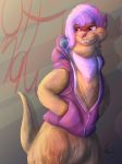  acesquirrel anthro clothed clothing grin hair hoodie hybrid hyena jacket male mammal mustelid otter ottmaw pink_hair red_eyes smile solo teeth 