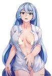  artstation_username blue_eyes blue_hair boku_no_hero_academia bra breasts breasts_apart commentary_request dress_shirt eyebrows_visible_through_hair hadou_nejire highres light_blush long_hair looking_at_viewer medium_breasts no_panties open_bra open_clothes open_shirt paolo_espana shirt solo underwear very_long_hair white_bra 