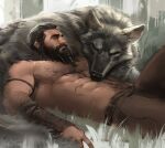 abs beard biceps black_hair body_hair bottomwear canid canine canis chest_hair clothing duo facial_hair feral forest fur grey_body grey_fur hair hairy hairy_arms head_on_belly hi_res human lying male mammal muscular muscular_male on_back pants pecs plant scar sleeping sleeping_on_partner sleeping_together tree wolf