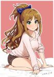  bangs blue_bow blush border bow breasts brown_hair brown_shorts closed_mouth collarbone dated eyebrows_visible_through_hair green_eyes hair_bow high_ponytail hino_akane_(idolmaster) idolmaster idolmaster_cinderella_girls legs long_hair long_sleeves looking_at_viewer medium_breasts omaru_gyuunyuu pink_background ponytail seiza short_shorts shorts simple_background sitting sleeve_rolled_up smile solo sweater thighs wavy_hair white_border white_sweater 