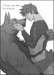 anthro barazoku black_and_white blush bottomwear canid canine canis clothed clothing dialogue duo english_text holding_partner human male male/male mammal monochrome nose_kiss pants romantic romantic_couple text touching_noses unknown_artist wolf