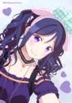  alternate_hairstyle animal_ears black_choker blue_hair bunny_ears chain choker commentary_request cosplay cross facial_mark hairband heart kitahara_tomoe_(kitahara_koubou) long_hair looking_at_viewer love_live! love_live!_sunshine!! matsuura_kanan my_melody my_melody_(cosplay) onegai_my_melody photo-referenced polka_dot purple_eyes reaching_out seiyuu_connection self_shot short_sleeves sidelocks smile solo suwa_nanaka twintails twitter_username upper_body 