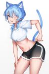  1girl absurdres animal_ear_fluff animal_ears aoi_zerii black_shorts blue_eyes blue_hair breasts cat_ears cat_girl cat_tail commentary_request cowboy_shot crop_top hair_between_eyes hand_on_own_thigh highres hololive hoshimachi_suisei kemonomimi_mode leaning_forward light_blush long_hair looking_at_viewer medium_breasts midriff navel one_eye_closed parted_lips shirt short_sleeves shorts simple_background smile solo star_(symbol) star_in_eye symbol_in_eye tail tail_raised tied_shirt virtual_youtuber white_background white_shirt 
