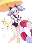  beach_umbrella blue_eyes blush breasts bronya_zaychik covered_navel dew_(7302235) drill_hair droplet earrings highres honkai_impact innertube jewelry looking_at_viewer medium_breasts school_uniform serafuku silver_hair standing swimsuit twin_drills umbrella white_background wristband 